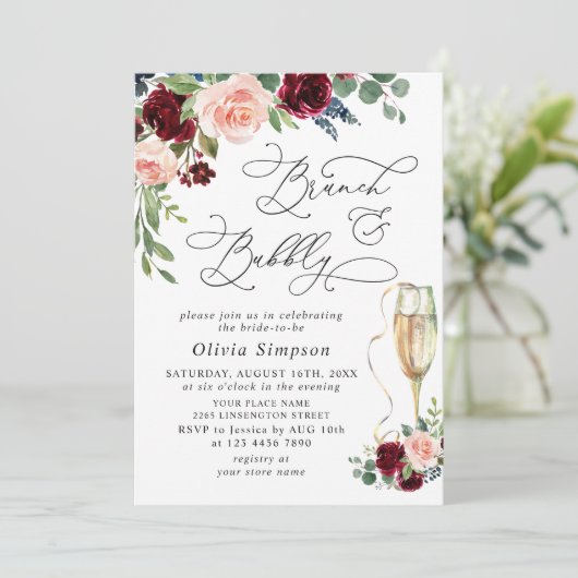 Burgundy Navy Eucalyptus Rozen Brunch & Bubble Kaart (Staand voorkant)