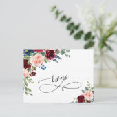 Burgundy Navy Eucalyptus Rozen Weddenschap RSVP Briefkaart (Staand voorkant)