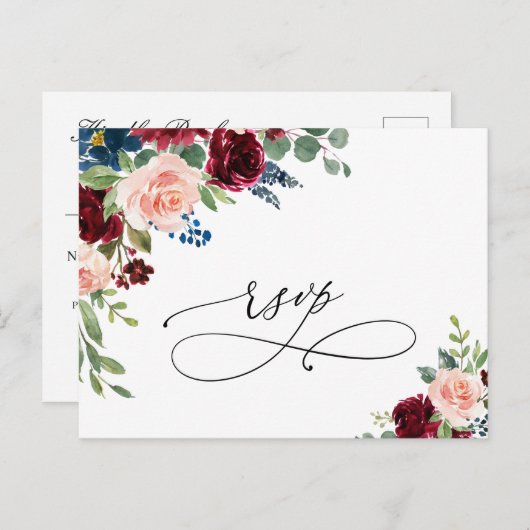 Burgundy Navy Eucalyptus Rozen Weddenschap RSVP Briefkaart (Voorkant / Achterkant)