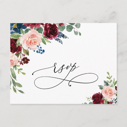 Burgundy Navy Eucalyptus Rozen Weddenschap RSVP Briefkaart (Voorkant)