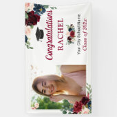 Burgundy Navy Floral Afstuderen Graduation Party Spandoek (Verticaal)