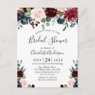 Burgundy Navy Floral Bridal Shower Invitations Briefkaart