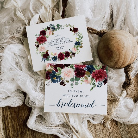 Burgundy Navy Floral Bridesmaid proposal Kaart