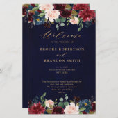Burgundy Navy Floral Country Wedding Programme (Voorkant / Achterkant)