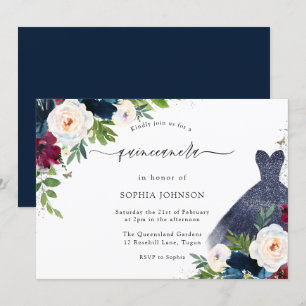 Burgundy & Navy Floral Dress Quinceanera Kaart