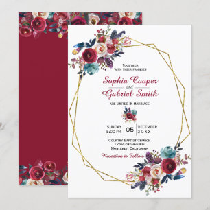 Burgundy Navy Floral Gold Lijst Wedding Kaart