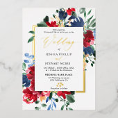 Burgundy navy floral gold script foto bruiloft folie uitnodiging (Voorkant)