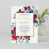 Burgundy navy floral gold script foto bruiloft folie uitnodiging (Staand Voorkant)