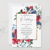 Burgundy navy floral gold script foto bruiloft kaart (Voorkant)