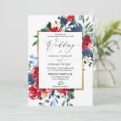 Burgundy navy floral gold script foto bruiloft kaart (Staand voorkant)