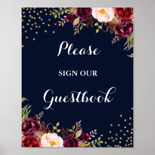 Burgundy Navy Floral Guestbook Weddenschap Poster