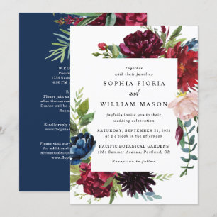 Burgundy Navy Floral in één bruiloft Kaart