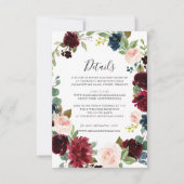 Burgundy Navy Floral Mariage Détails Carte (Devant)