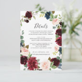 Burgundy Navy Floral Mariage Détails Carte (Debout devant)