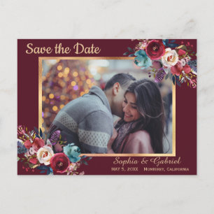 Burgundy Navy Floral Modern Photo Save the Date Aankondigingskaart