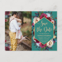 Burgundy Navy Floral op groene foto Save the Date