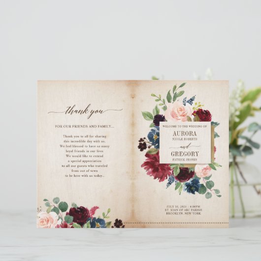 Burgundy Navy Floral Rustic Boho Country Programme (Debout devant)