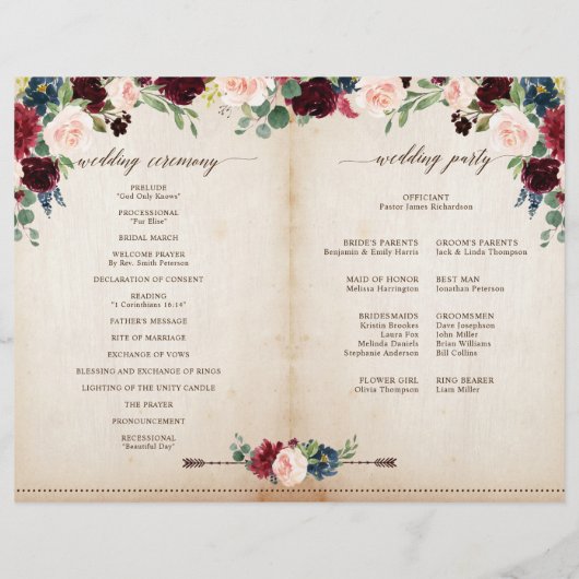 Burgundy Navy Floral Rustic Boho Country Programme (Dos)