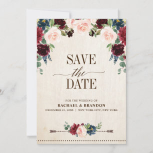 Burgundy Navy Floral Rustic Boho Country Weddensch Save The Date