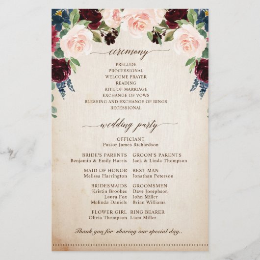 Burgundy Navy Floral Rustic Boho Wedding Programme (Dos)