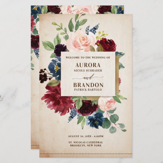 Burgundy Navy Floral Rustic Boho Wedding Programme (Voorkant / Achterkant)