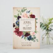 Burgundy Navy Floral Rustic Boho Wedding Programme (Staand voorkant)