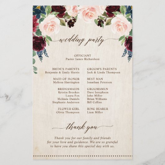Burgundy Navy Floral Rustic Country Programme (Dos)