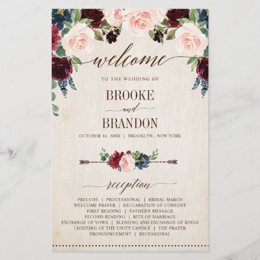 Burgundy Navy Floral Rustic Country Programme (Devant)