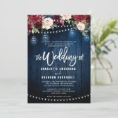 Burgundy Navy Floral Rustic String Light Wedding Kaart (Staand voorkant)
