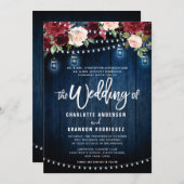 Burgundy Navy Floral Rustic String Light Wedding Kaart (Voorkant / Achterkant)