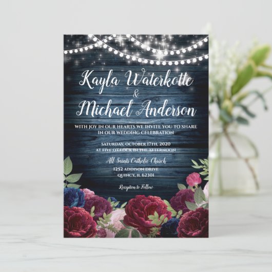 Burgundy & Navy Floral Rustic Wedding Invitation (Debout devant)