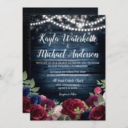 Burgundy & Navy Floral Rustic Wedding Invitation (Devant / Derrière)