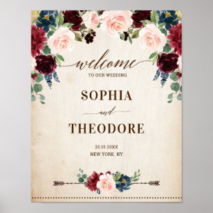 Burgundy Navy Floral Rustic Wedding welkomstteken Poster
