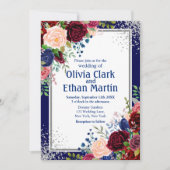 Burgundy Navy Floral Silver Glitter Kaart (Voorkant)