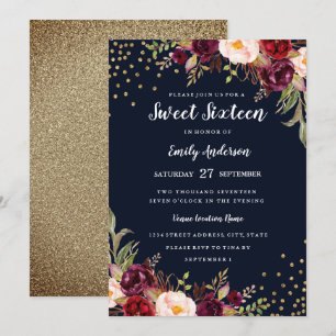 Burgundy Navy Floral Sparkle Sweet Sixteen Invite Kaart