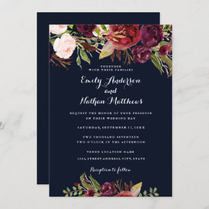 Burgundy Navy Floral Spring Wedding Invitation Kaart