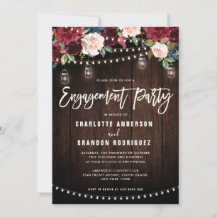 Burgundy Navy Floral String Light Engagement Party Kaart