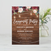 Burgundy Navy Floral String Light Engagement Party Kaart (Staand voorkant)