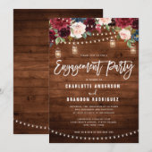 Burgundy Navy Floral String Light Engagement Party Kaart (Voorkant / Achterkant)