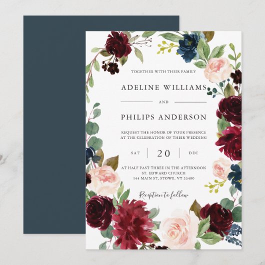 Burgundy Navy Floral Wedding Invitation Kaart (Voorkant / Achterkant)