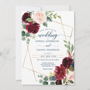 Burgundy Navy Floral Wedding Invitation Kaart