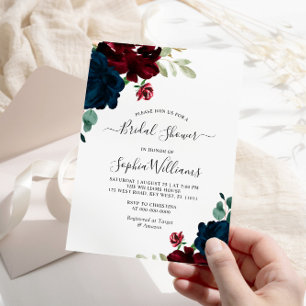 Burgundy & Navy Flowers Bridal Shower Invitation Kaart