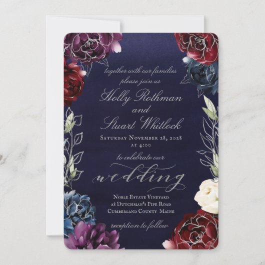 Burgundy Navy Garden Wedding Kaart (Voorkant)