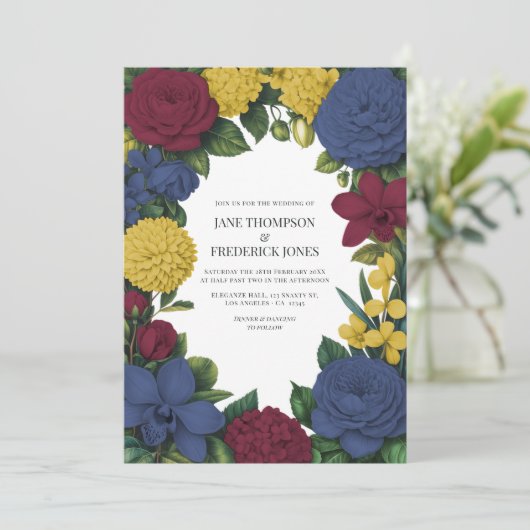 Burgundy, Navy & Gold Floral Wedding Kaart (Staand voorkant)