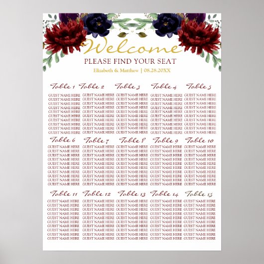 Burgundy Navy Gold Peony Wedding Seating Chart Poster (Voorkant)