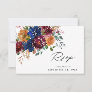 Burgundy & Navy Herfst Bloemstuk met Maaltijd RSVP Kaartje