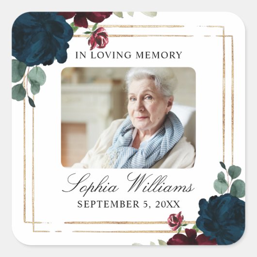 Burgundy & Navy  Memorial Funeral Square Sticker (Devant)
