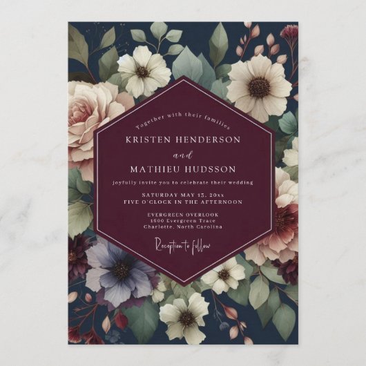 Burgundy Navy Painterly Bloom Wedding Kaart (Voorkant)