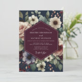 Burgundy Navy Painterly Bloom Wedding Kaart (Staand voorkant)