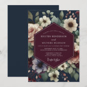 Burgundy Navy Painterly Bloom Wedding Kaart (Voorkant / Achterkant)